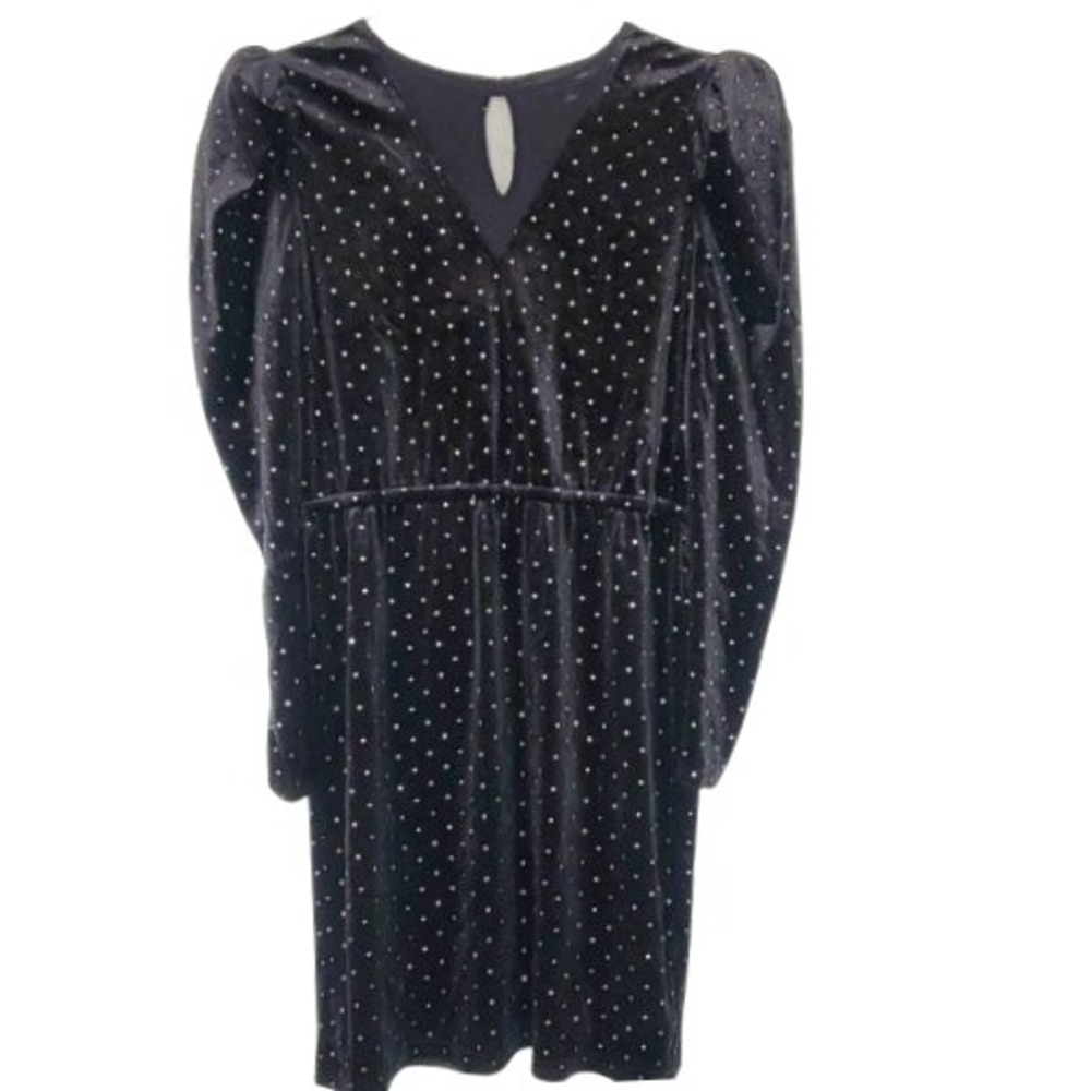 INC Black Velour Dress Puff Sleeve Glitter Polka Dot Cottage Mesh Neck Goth L